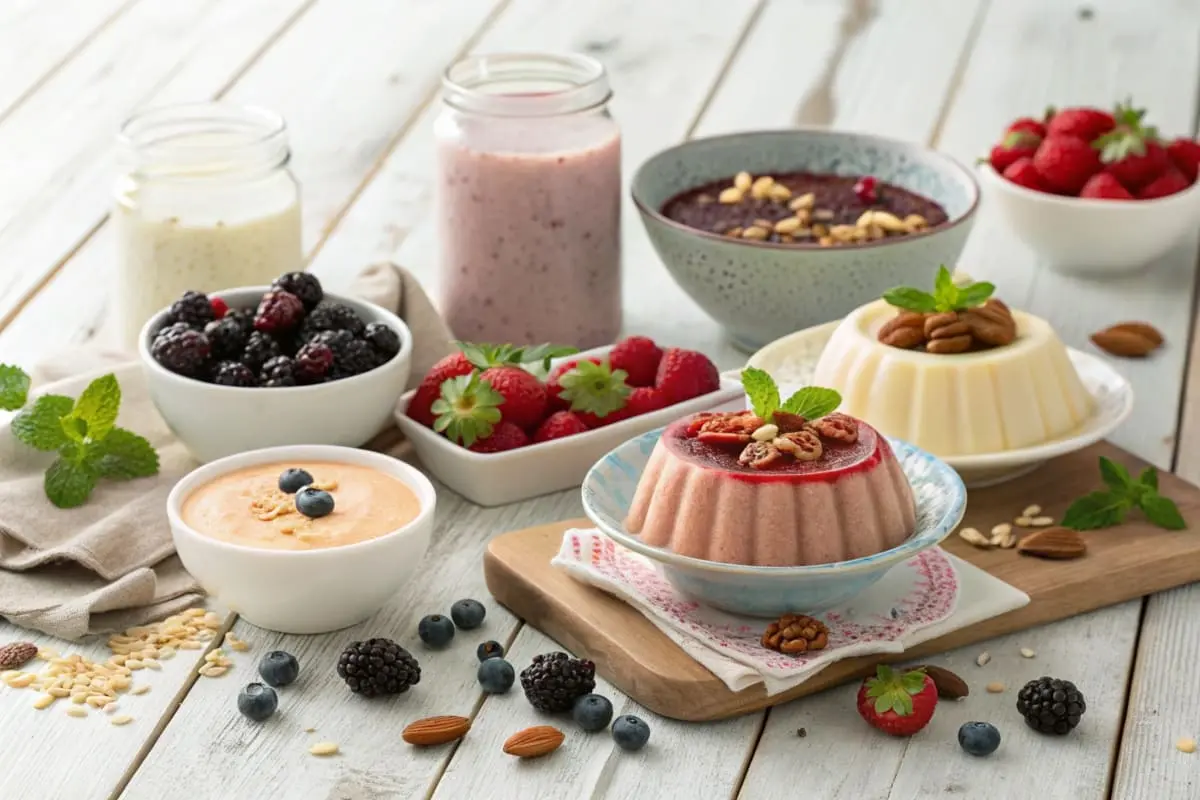 A decadent high-protein dessert platter featuring protein brownies, yogurt parfait, and chocolate protein balls.