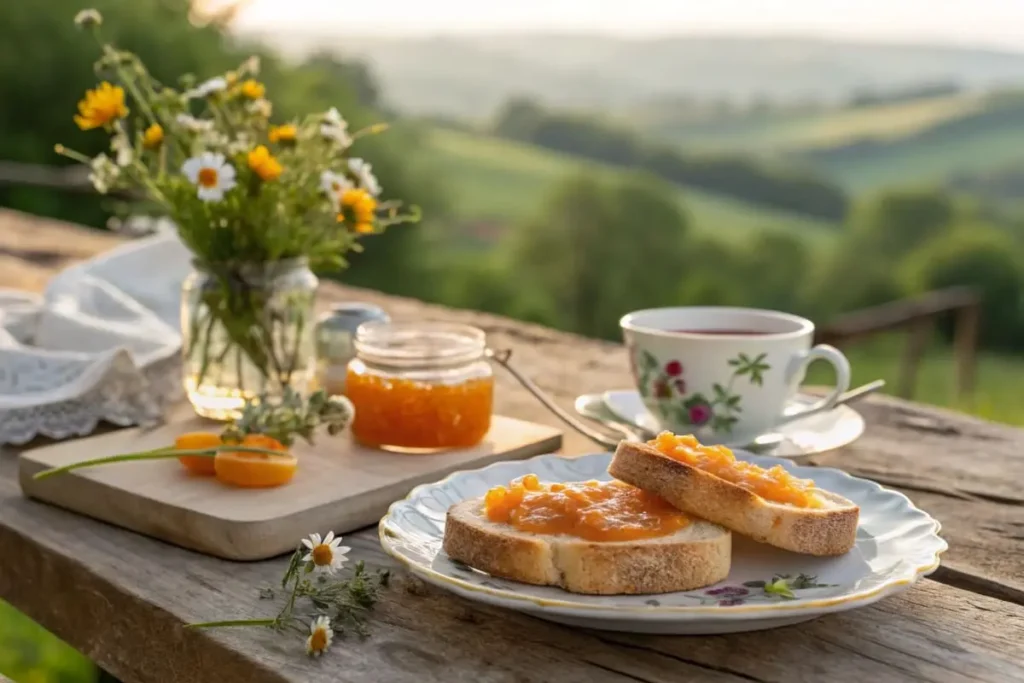 Slices of bread with orange marmalade and a cup of tea sit on a wooden table outdoors with wildflowers and a rolling green landscape in the background.