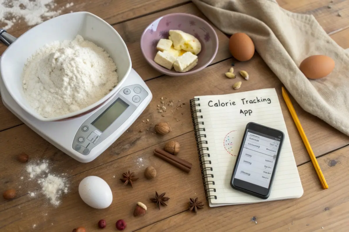 A notebook with calorie calculations next to recipe ingredients like vegetables, butter, and grains, along with a calculator and measuring cups on a kitchen counter.