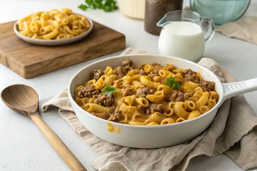 A steaming skillet of freshly cooked Hamburger Helper with tender ground beef and creamy pasta, garnished with parsley.