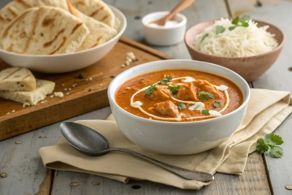 A bowl of rich, creamy butter chicken gravy garnished with fresh cilantro and served with naan and basmati rice on the side.