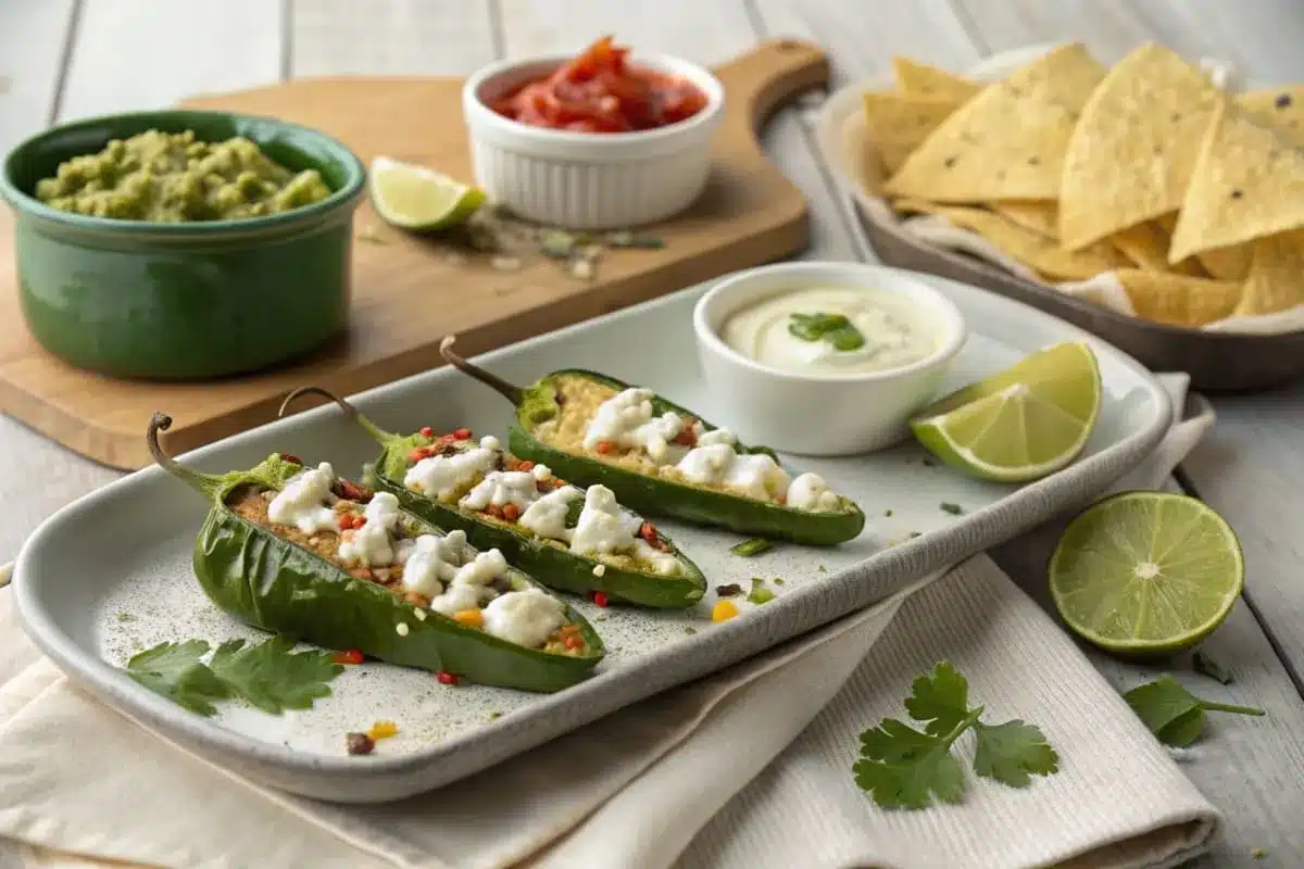 Spicy Serrano pepper salsa served with tortilla chips, alongside a plate of tacos and guacamole.