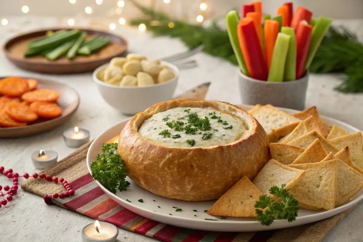 Knorr vegetable dip in a bread bowl, garnished with parsley, surrounded by colorful veggie sticks, pita chips, and baguette slices on a festive table with candles and party decor.