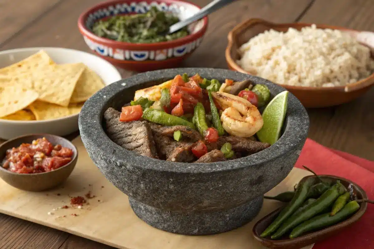 A steaming hot molcajete served with warm tortillas, rice, refried beans, and lime wedges on the side.