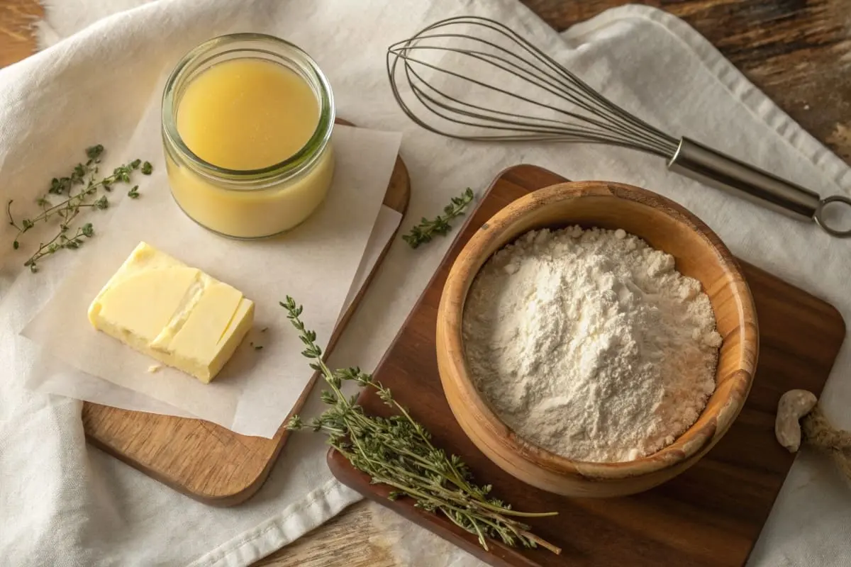 Ingredients for chicken gravy recipe, including chicken stock, butter, flour, and seasonings.