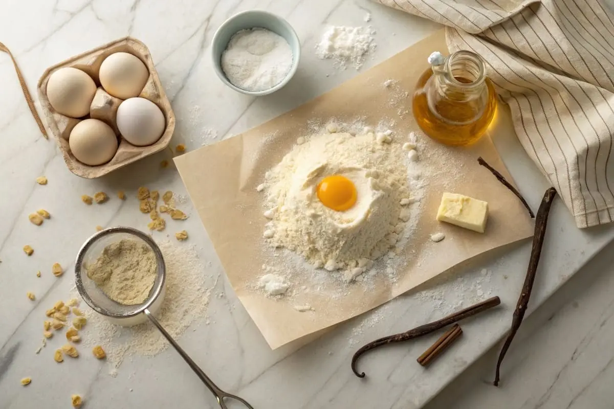 Key ingredients for a cookie recipe without brown sugar, including flour, butter, granulated sugar, and vanilla extract on a clean countertop.