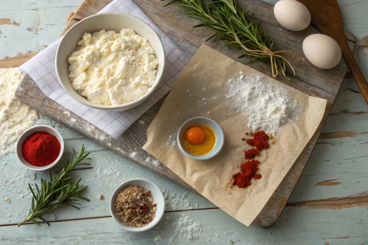 Key ingredients for cottage cheese chips recipe, including cottage cheese, seasoning, and parchment paper.