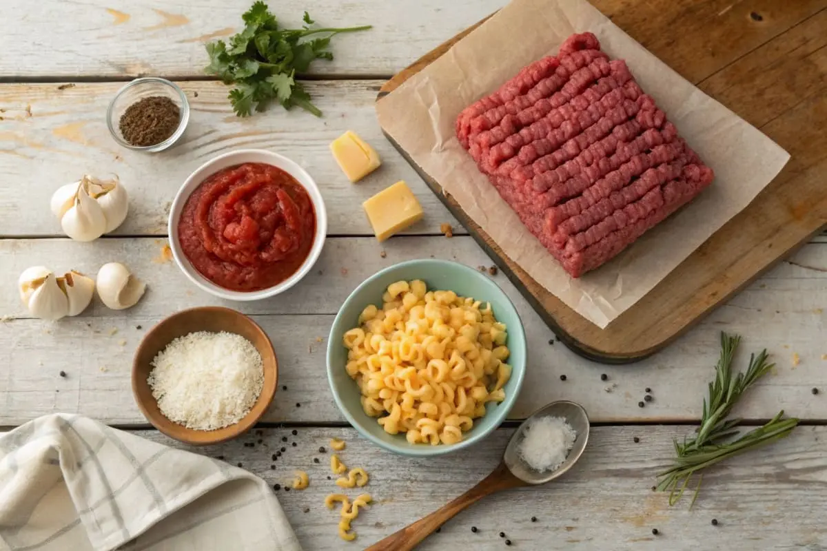 Ingredients for a Hamburger Helper recipe, including ground beef, pasta, milk, cheese, and spices.