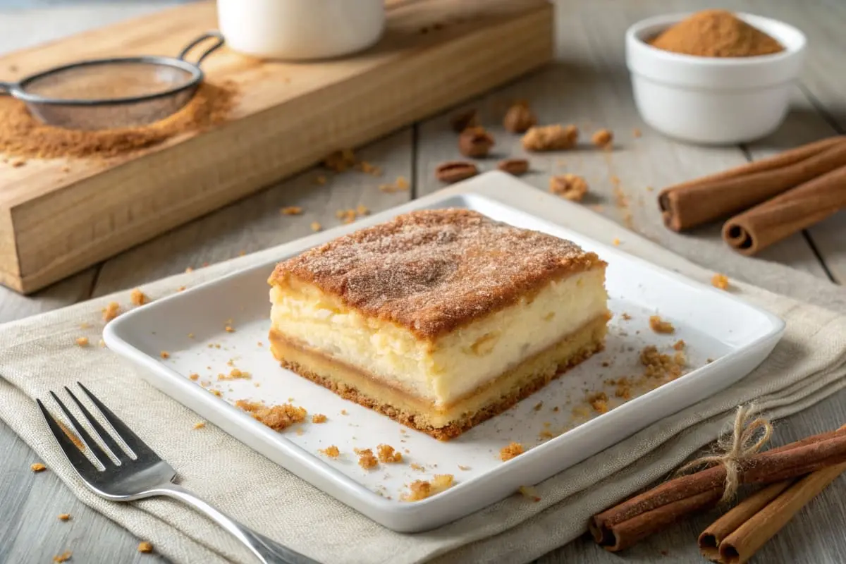 A slice of churro cheesecake with layers of creamy filling and a crispy cinnamon-sugar crust, served on a plate with a drizzle of caramel sauce.