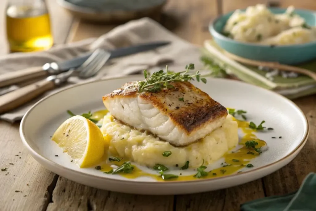 A perfectly seared sablefish fillet garnished with lemon slices, fresh herbs, and served with a side of roasted vegetables.