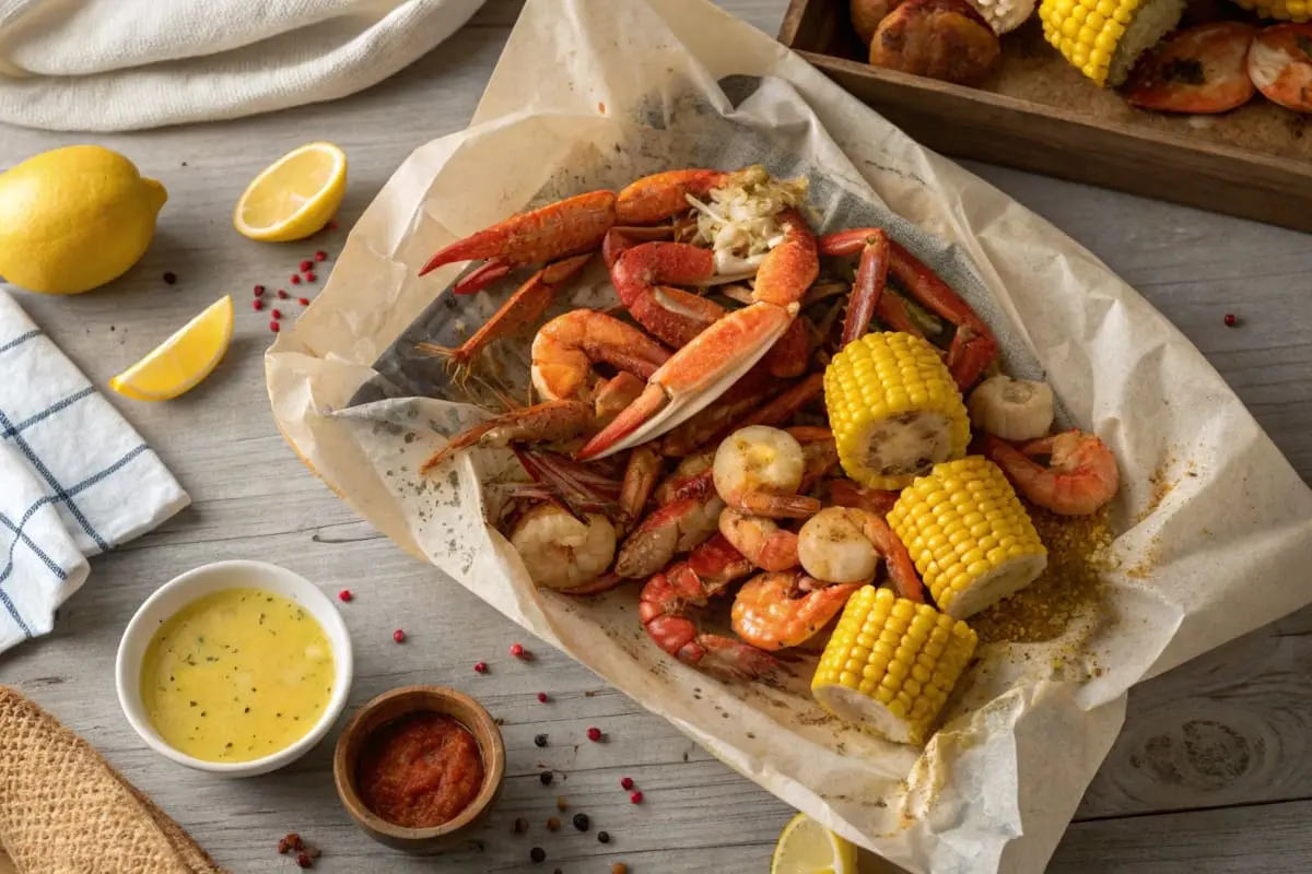 A rich and flavorful seafood boil sauce in a bowl, surrounded by crab legs, shrimp, and corn on the cob.