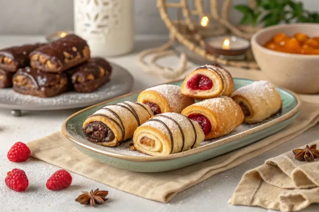 A plate of assorted rugelach pastries, some filled with fruit and some with chocolate.