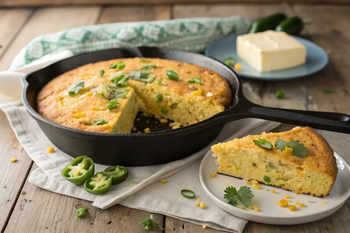 A freshly baked skillet of Jiffy Mexican cornbread with golden edges, topped with melted cheese and jalapeño slices, served on a rustic wooden table.