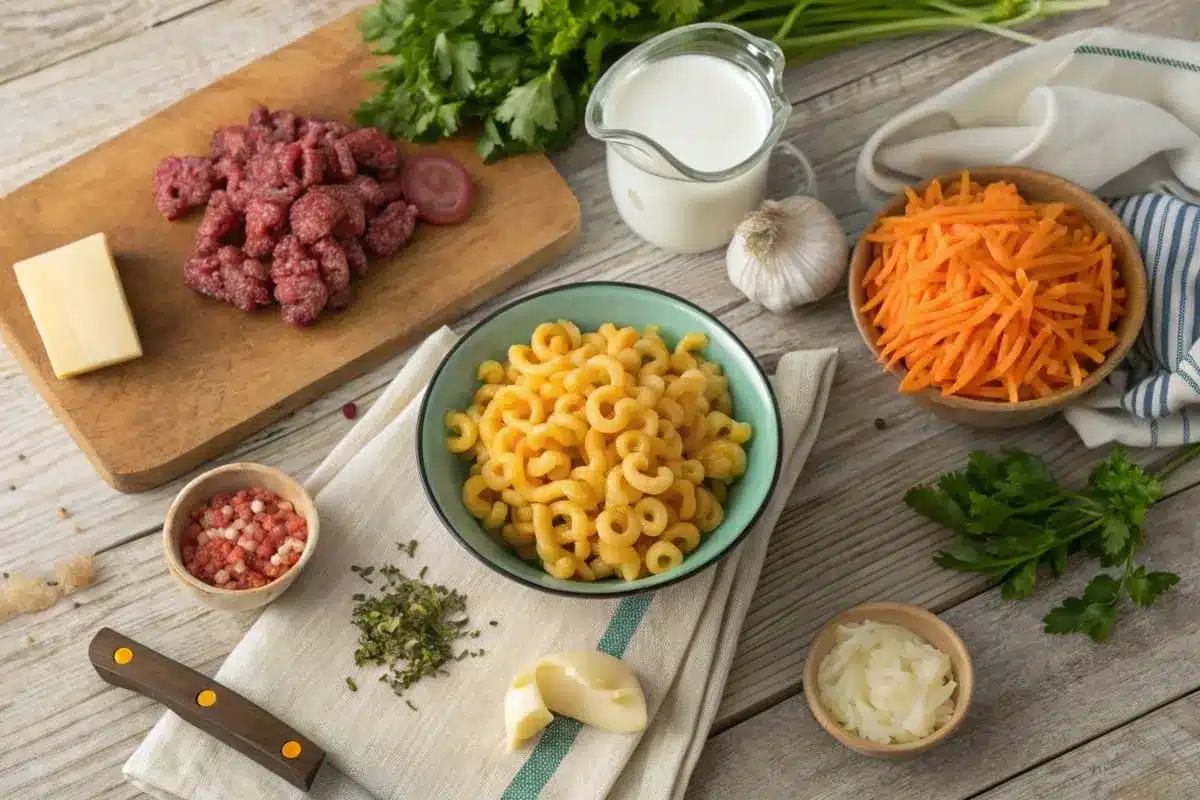 Ingredients for macaroni cheeseburger soup, including ground beef, macaroni, cheese, onions, tomatoes, and broth displayed on a kitchen countertop.