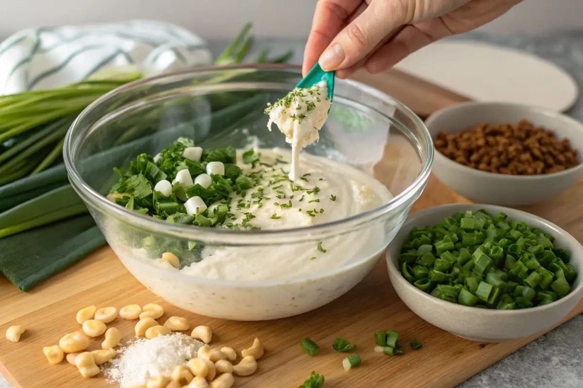 Mixing bowl with creamy dip base of sour cream and mayonnaise, a hand adding Knorr Vegetable Recipe Mix, surrounded by fresh ingredients like chopped green onions, spinach, and water chestnuts on a wooden countertop.