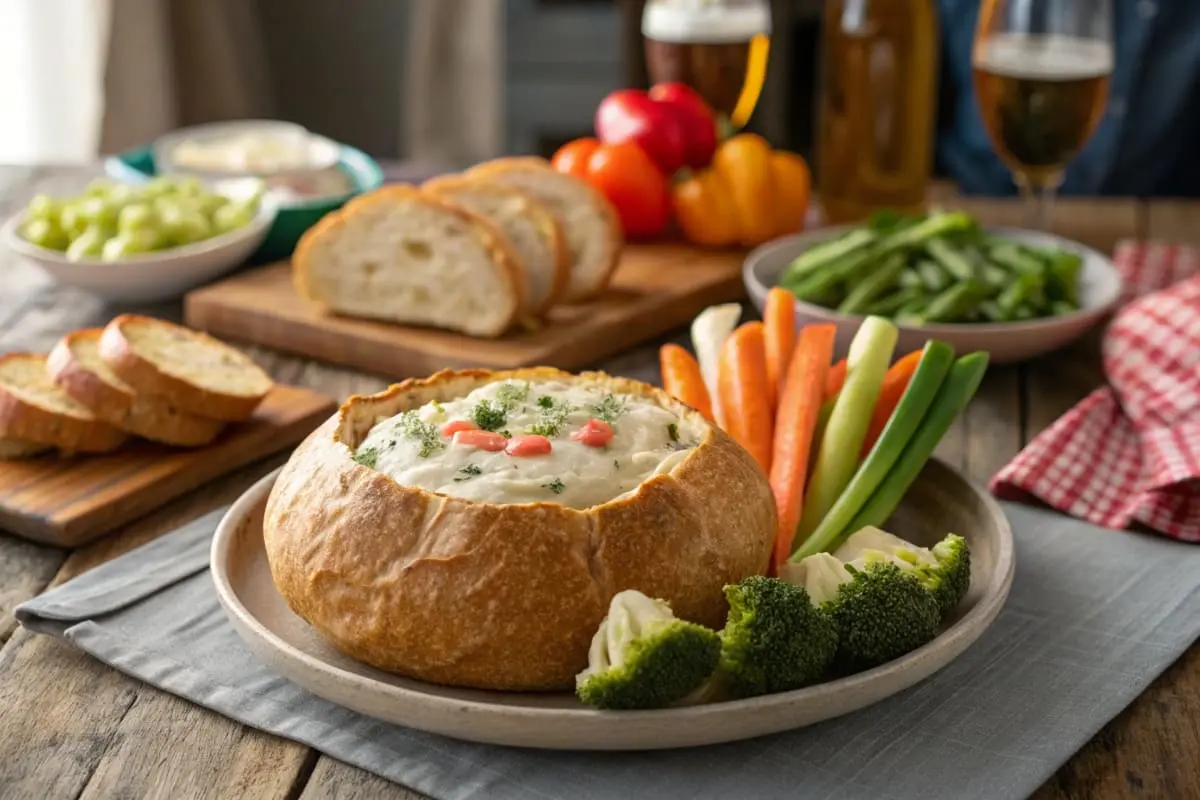 Rustic bread bowl filled with creamy Knorr vegetable dip, surrounded by fresh colorful vegetables, crackers, and sliced baguette on a wooden table at a cozy party setting.