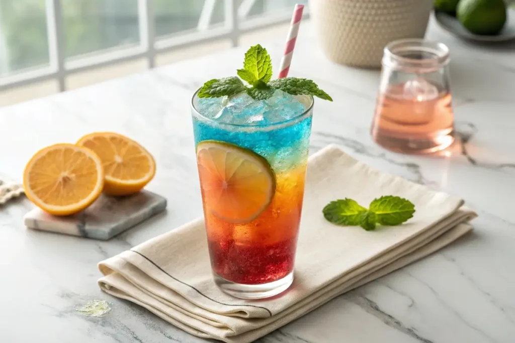 A vibrant glass of homemade loaded tea with bright layers of color, garnished with lemon slices and served with a straw on a sunny countertop.