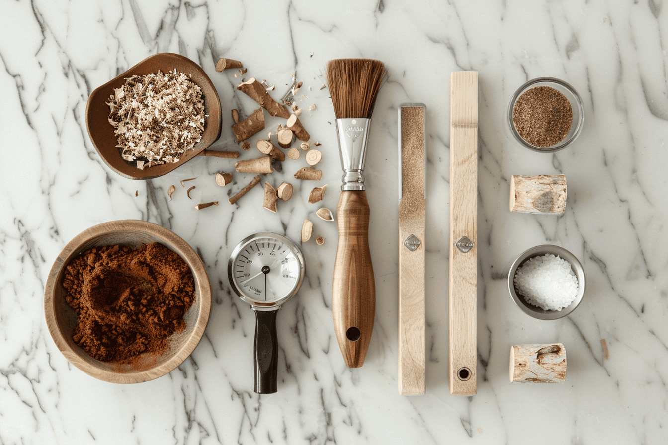 Essential smoking tools like wood chips, thermometers, and gloves laid out next to a smoker.