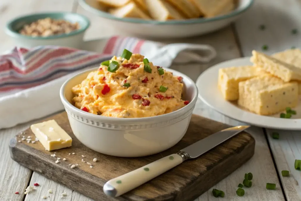 A bowl of creamy old-fashioned pimento cheese spread garnished with diced pimentos, served with crackers and celery sticks on a wooden platter.