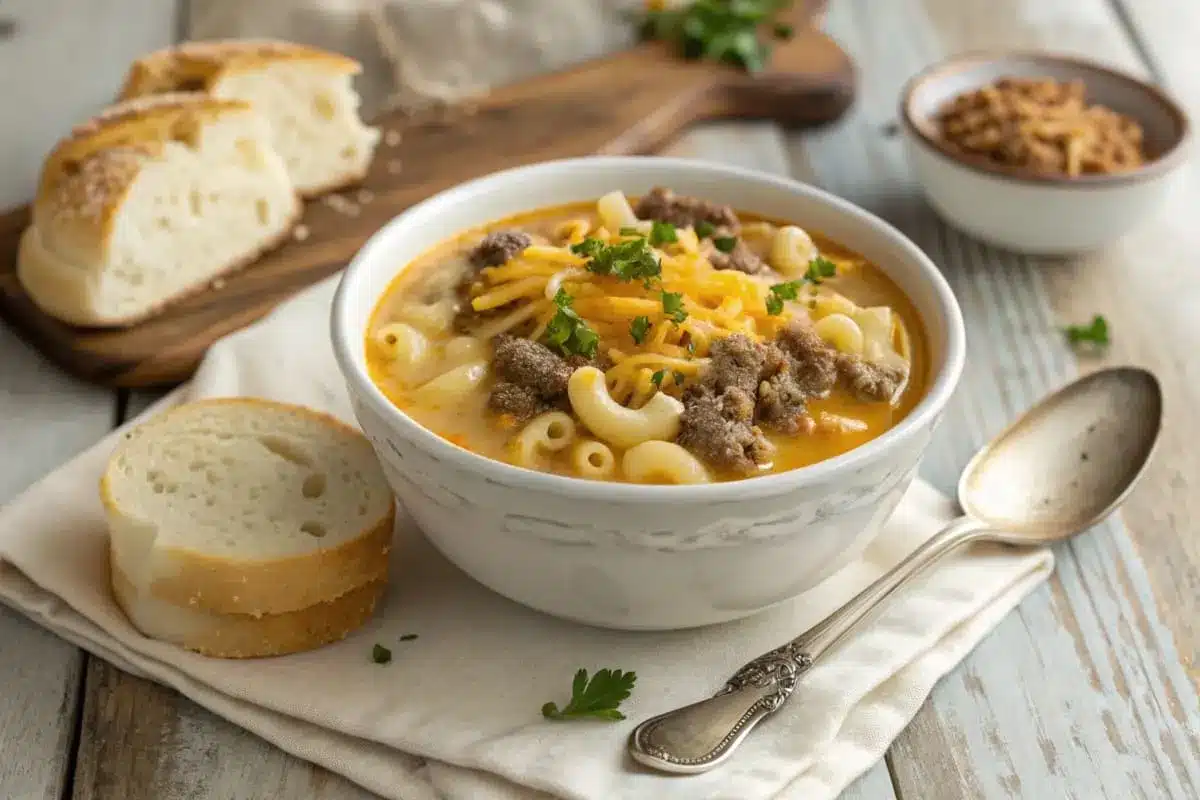 Ingredients for macaroni cheeseburger soup, including ground beef, macaroni, cheese, onions, tomatoes, and broth displayed on a kitchen countertop.