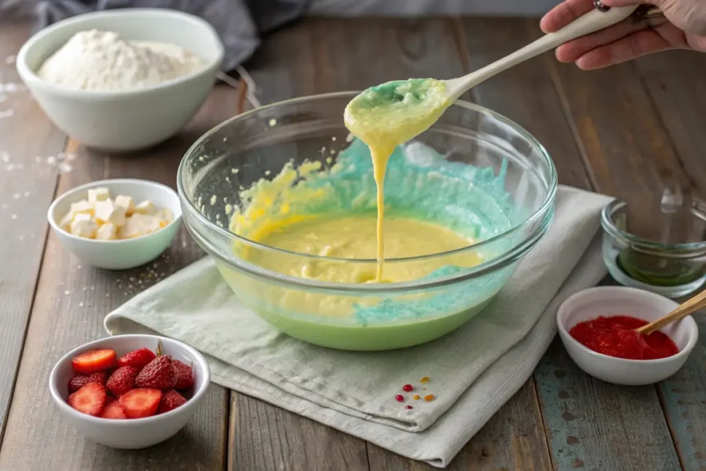 A bowl of green oobleck with a hand pressing into the mixture, showcasing its unique texture, surrounded by cornstarch, water, and food coloring.