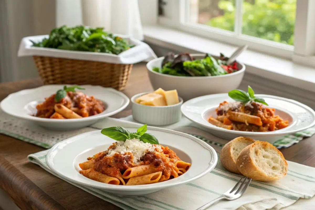 A plate of baked ziti served with a slice of garlic bread and a side salad.