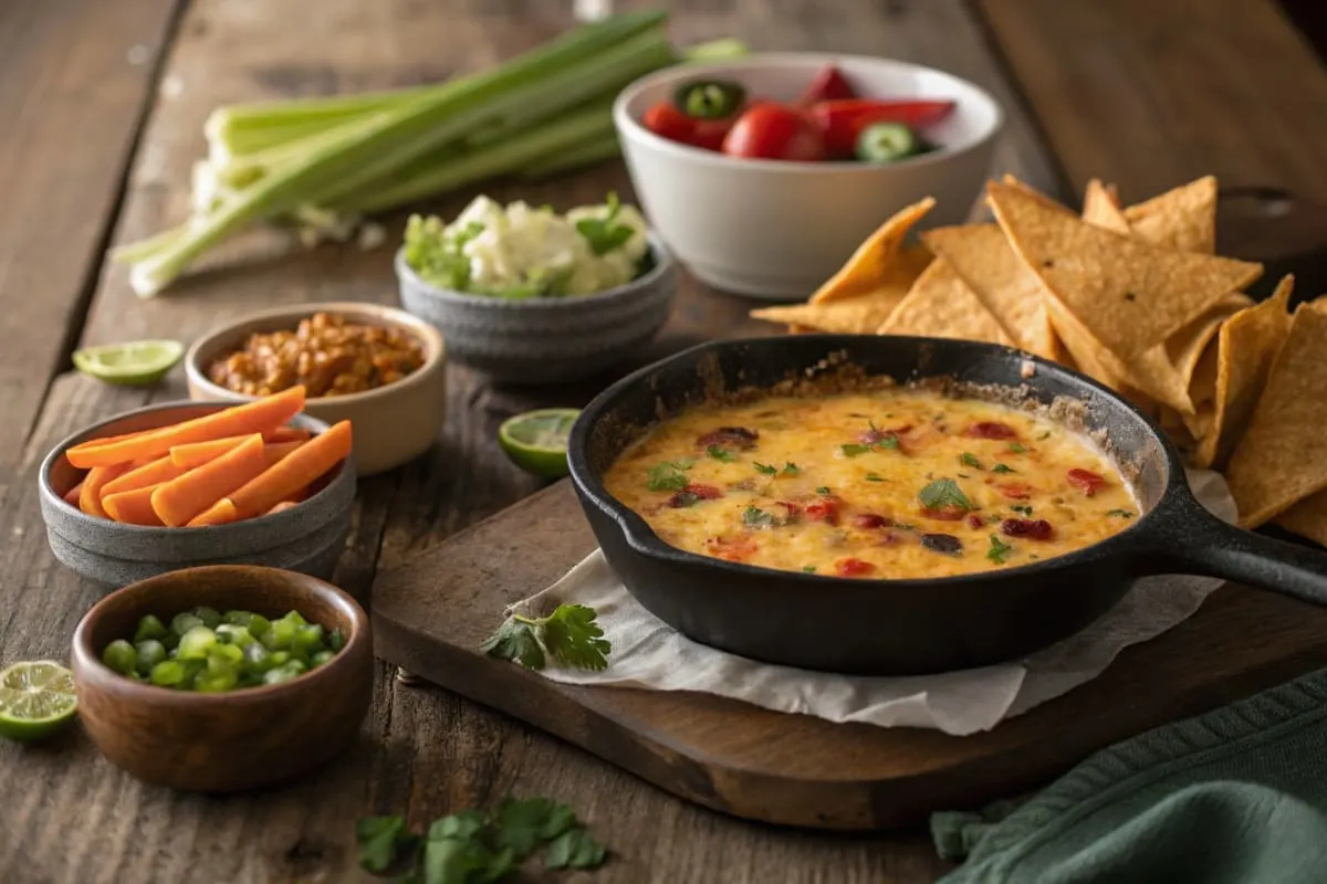 A bowl of smoked queso served with tortilla chips, garnished with diced jalapeños and fresh cilantro.