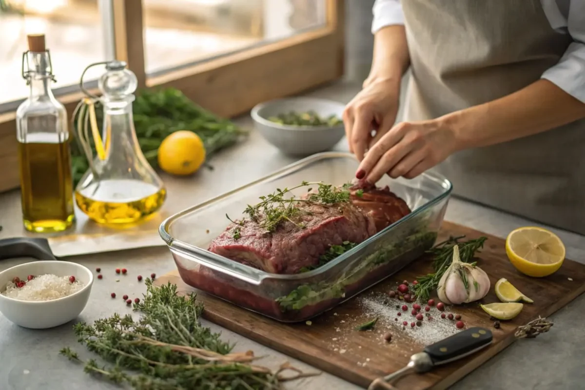 A female chef preparing a venison roast in a rustic kitchen, marinating the meat with fresh herbs, garlic, and lemon slices, surrounded by natural ingredients on a sunlit countertop.