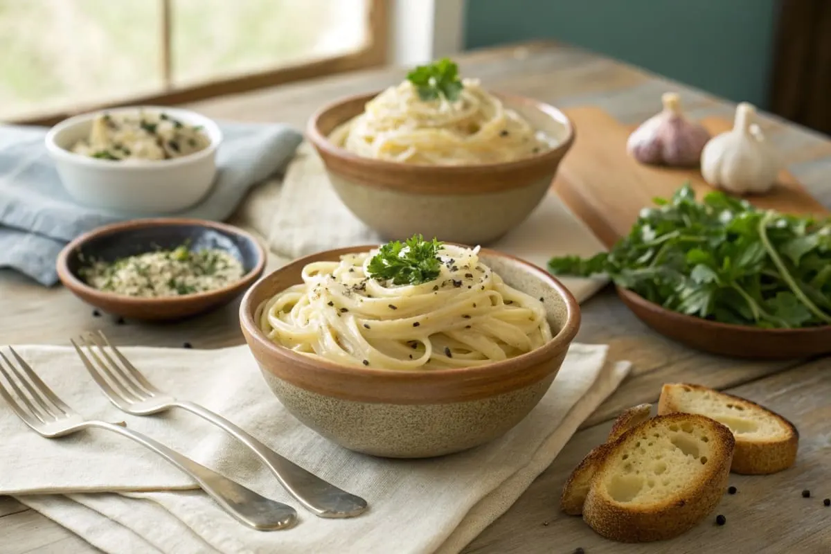 A plate of Boursin pasta served with garlic bread and a side salad, garnished with Parmesan and basil leaves.