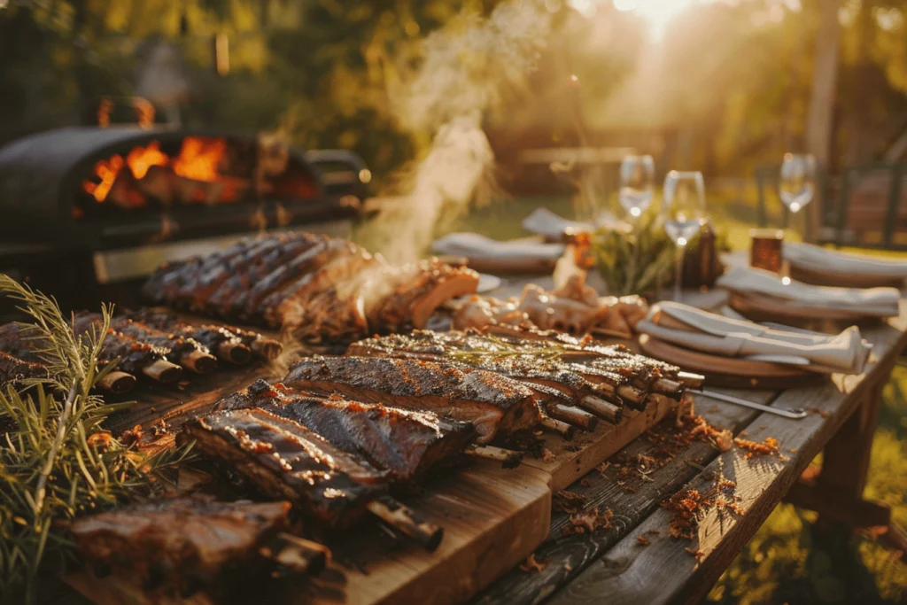 A stunning display of smoked ribs, brisket, and vegetables served on a rustic wooden table.