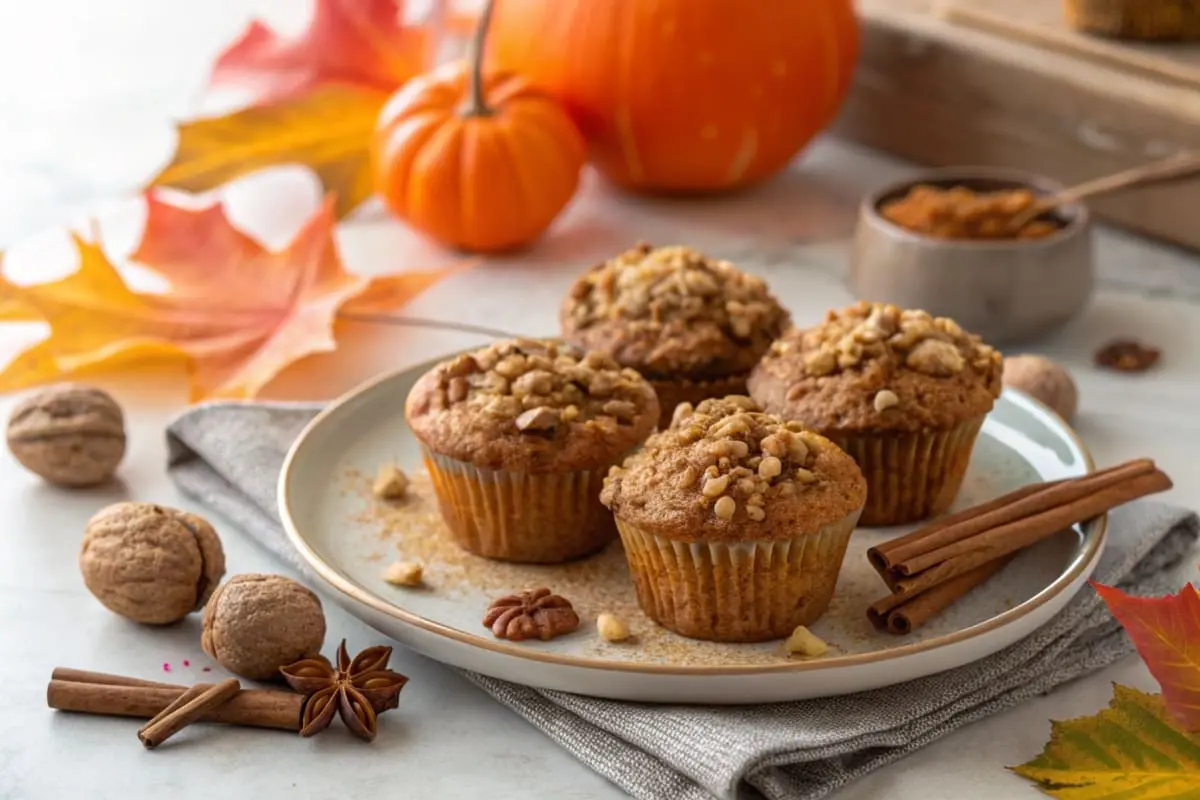 Four pumpkin spice muffins topped with chopped walnuts sit on a plate with cinnamon sticks.