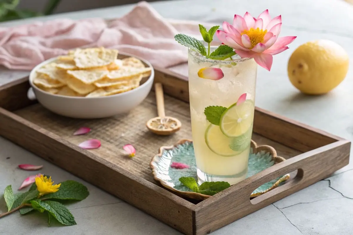 A refreshing lotus drink served in a glass with ice, garnished with lemon slices, mint, and a lotus flower in the background.