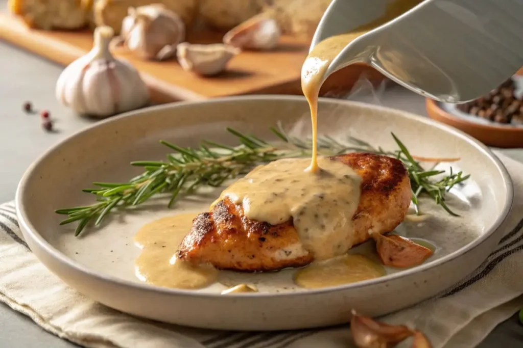 A rich and creamy homemade chicken gravy served in a gravy boat with roasted chicken in the background.