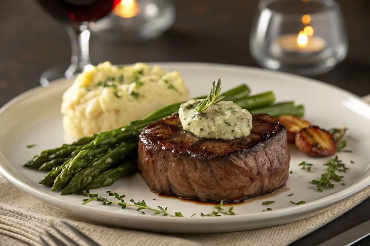 Juicy grilled steak served with asparagus, mashed potatoes, and roasted potatoes.