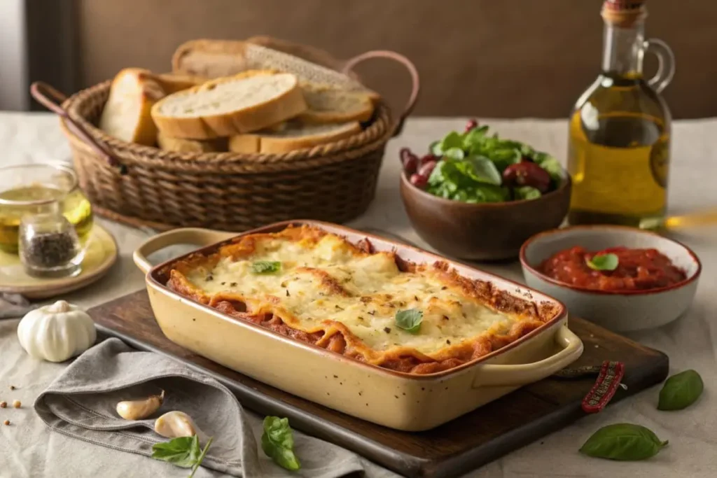 A baked lasagna sits in a casserole dish, surrounded by bread, salad, and tomato sauce.