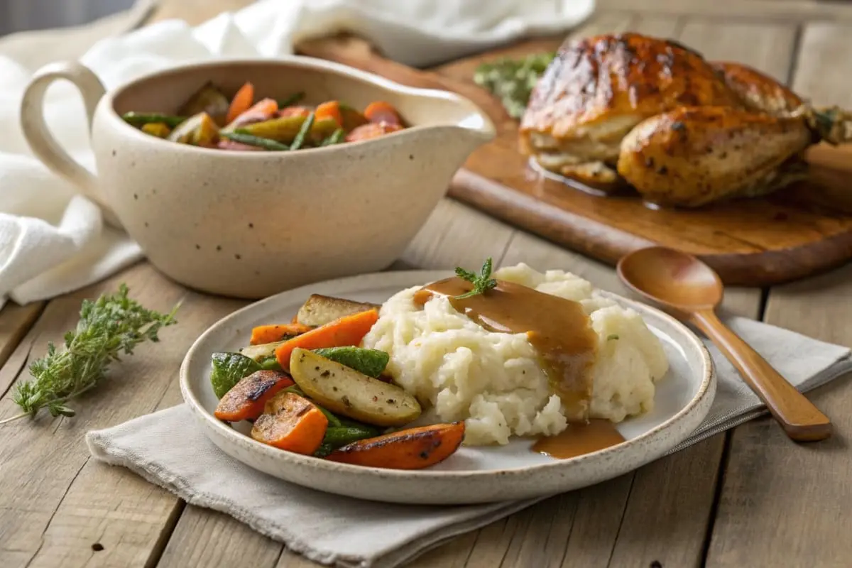 Chicken gravy drizzled over mashed potatoes and roasted chicken, garnished with fresh herbs.