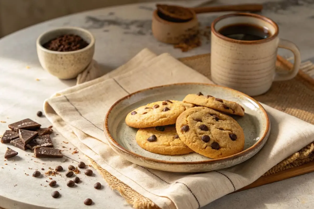 Cookies without brown sugar served on a plate with fresh strawberries and a drizzle of chocolate.