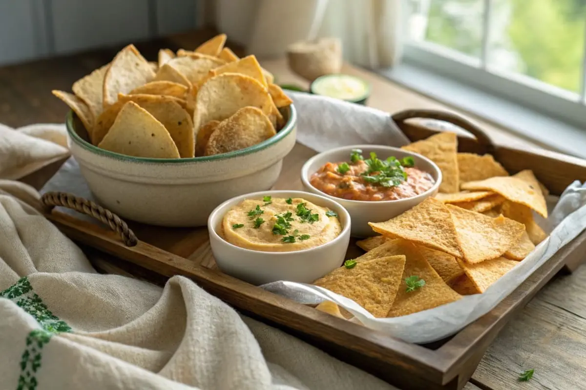 Cottage cheese chips served in a bowl with a side of guacamole and garnished with fresh herbs.