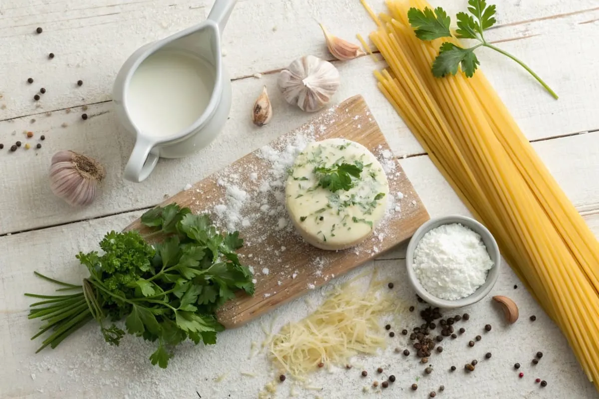 Boursin cheese, spaghetti, garlic, cherry tomatoes, fresh basil, and olive oil neatly arranged on a kitchen countertop.