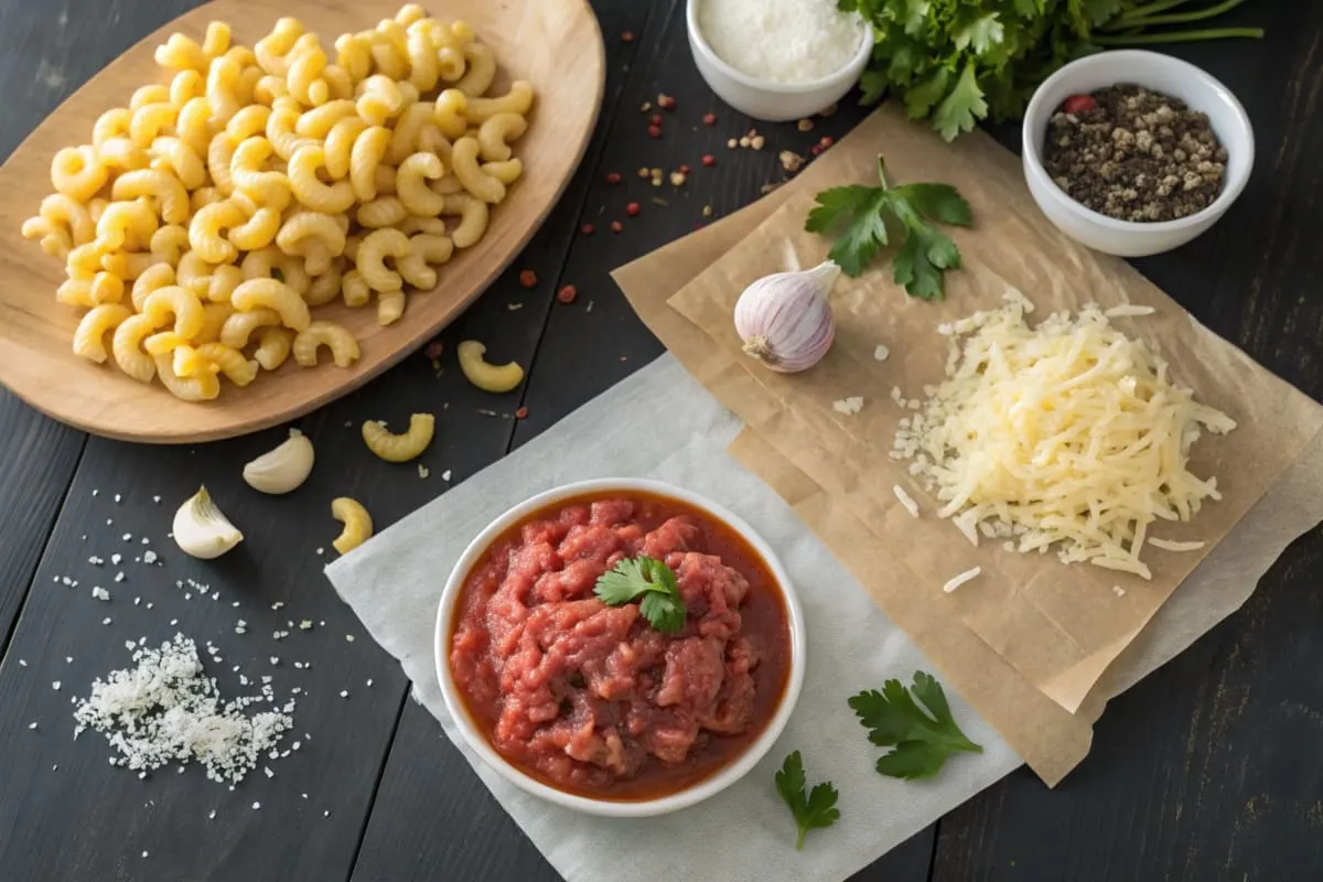 Ingredients for beefaroni, including ground beef, elbow macaroni, tomato sauce, garlic, onions, and Parmesan cheese, arranged on a countertop.