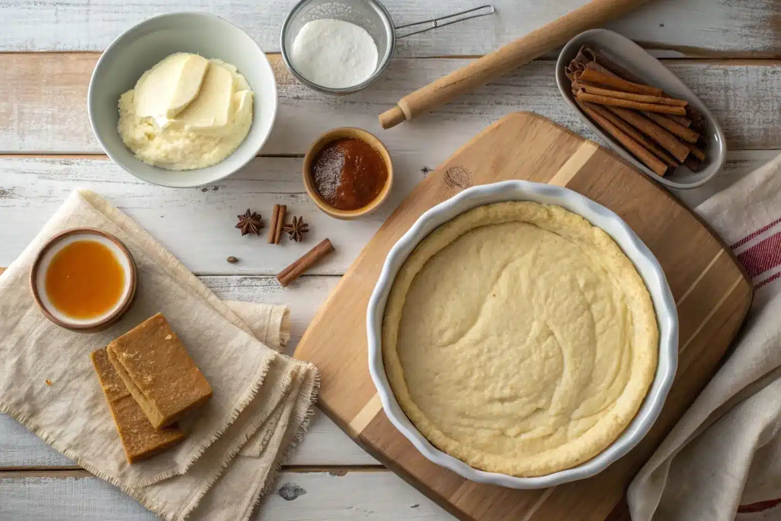 Ingredients for churro cheesecake, including cream cheese, sugar, cinnamon, eggs, and puff pastry, displayed on a kitchen counter.