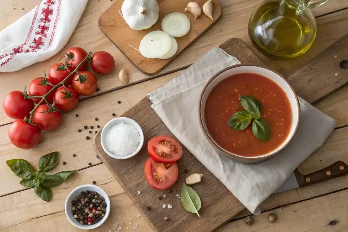 Fresh tomatoes, garlic, onions, olive oil, cream, and basil arranged neatly on a kitchen countertop.