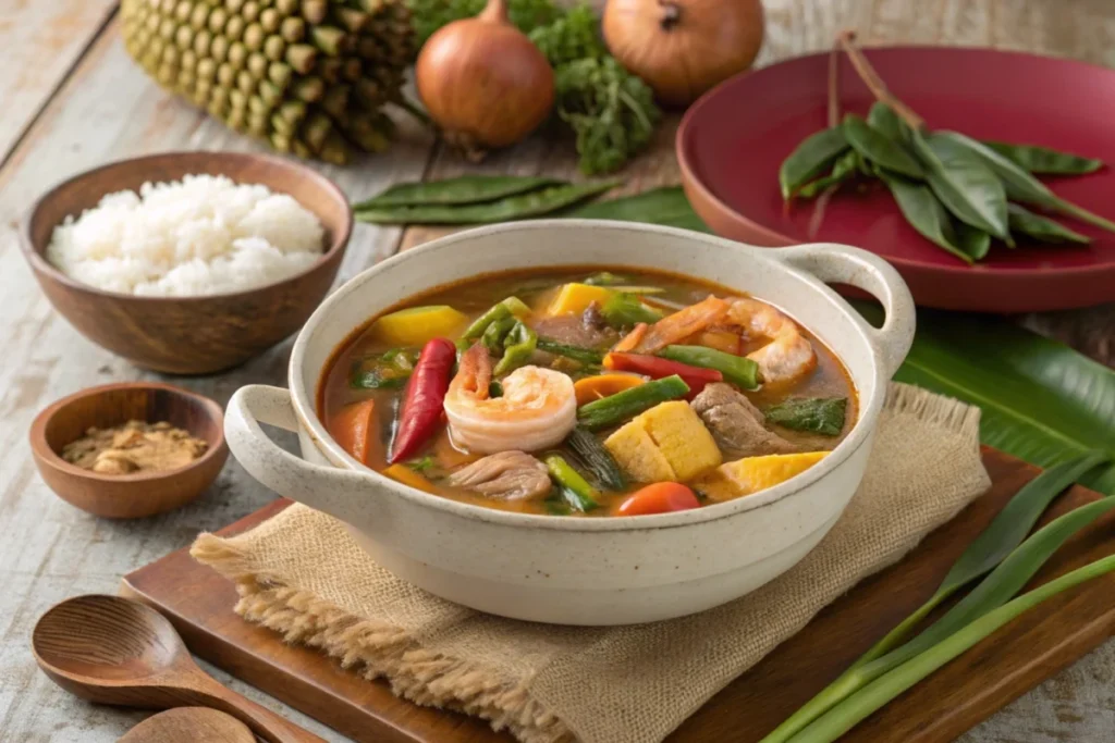 A bowl of flavorful laksa soup with shrimp, vegetables, and tofu is served with a side of rice.