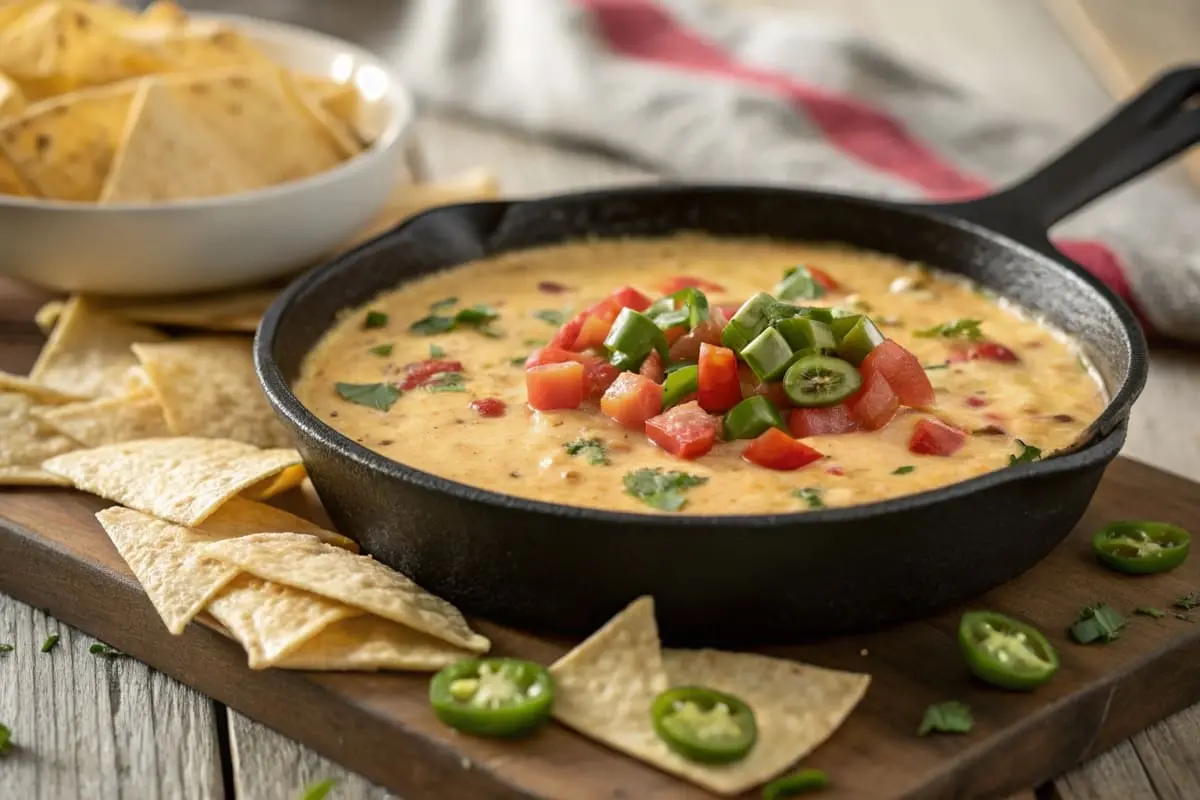 A skillet of smoked queso bubbling with melted cheese, studded with diced tomatoes, jalapeños, and ground beef, garnished with cilantro.