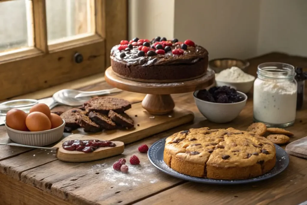 Two cakes, fresh berries, eggs, and baking ingredients sit on a wooden table.