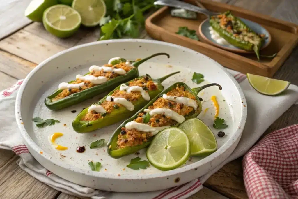 A vibrant spread of Serrano pepper dishes, including spicy salsa, stuffed peppers, and roasted Serrano pepper sauce, garnished with fresh cilantro and lime wedges.