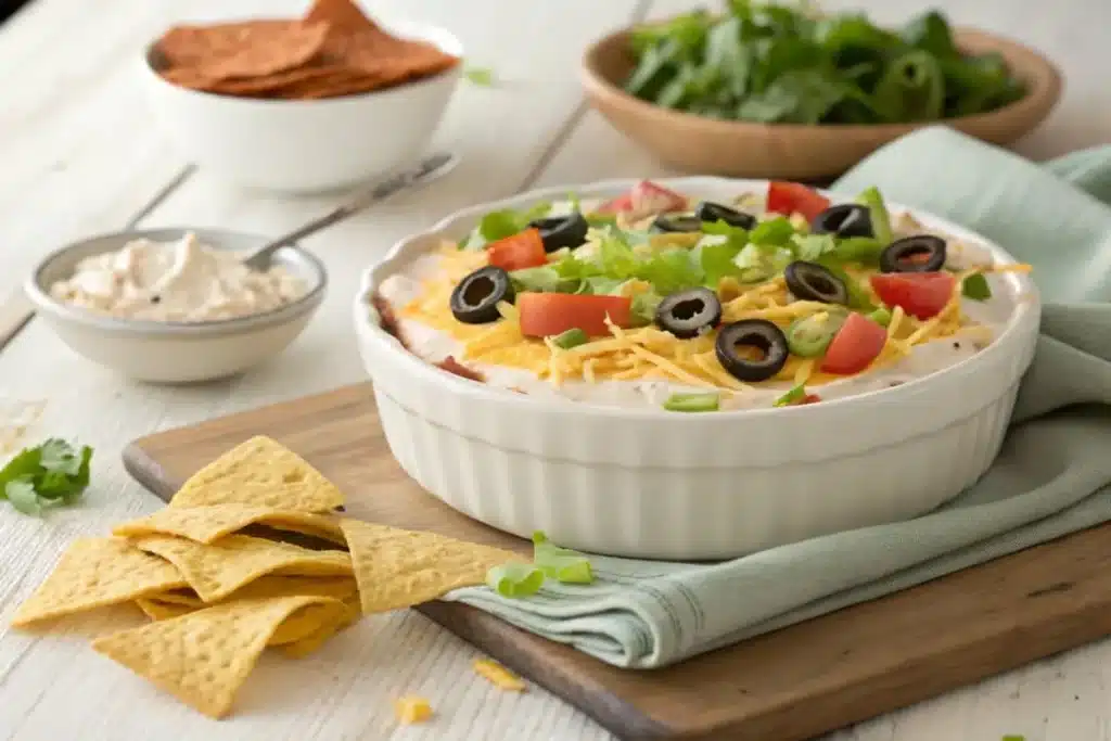 A vibrant taco dip layered with seasoned cream cheese, salsa, shredded cheese, and fresh toppings like lettuce and diced tomatoes, served with tortilla chips.