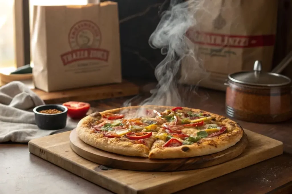 A steaming hot pizza topped with tomatoes, peppers, and herbs sits on a wooden serving board.