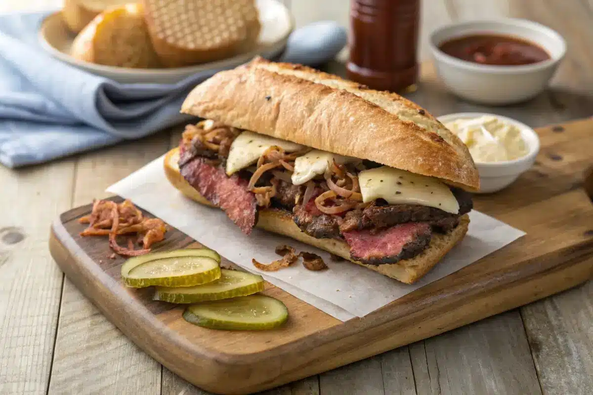 A hearty tri-tip sandwich filled with thinly sliced grilled tri-tip, caramelized onions, and melted cheese, served on a toasted roll with a side of dipping sauce.