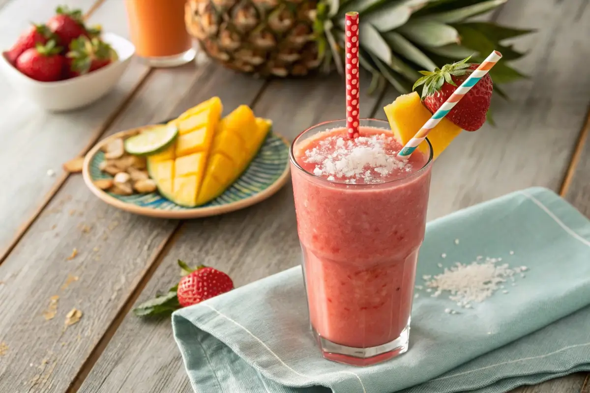 A vibrant tropical Bahama Mama smoothie served in a tall glass with a slice of pineapple and a cherry garnish, placed on a sunny outdoor table.